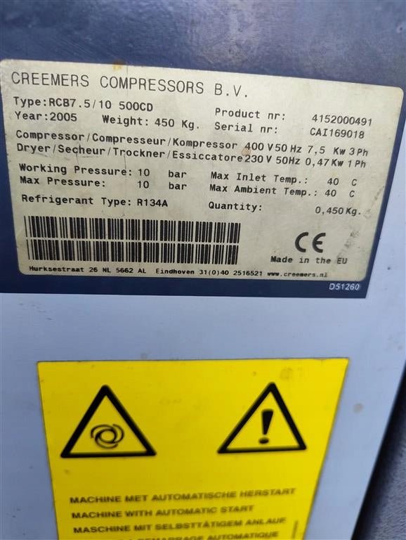 kompresor śrubowy CREEMERS RCB7.5 500L 7,5 kW 1 m3/min 10 bar - Sklep Czemar