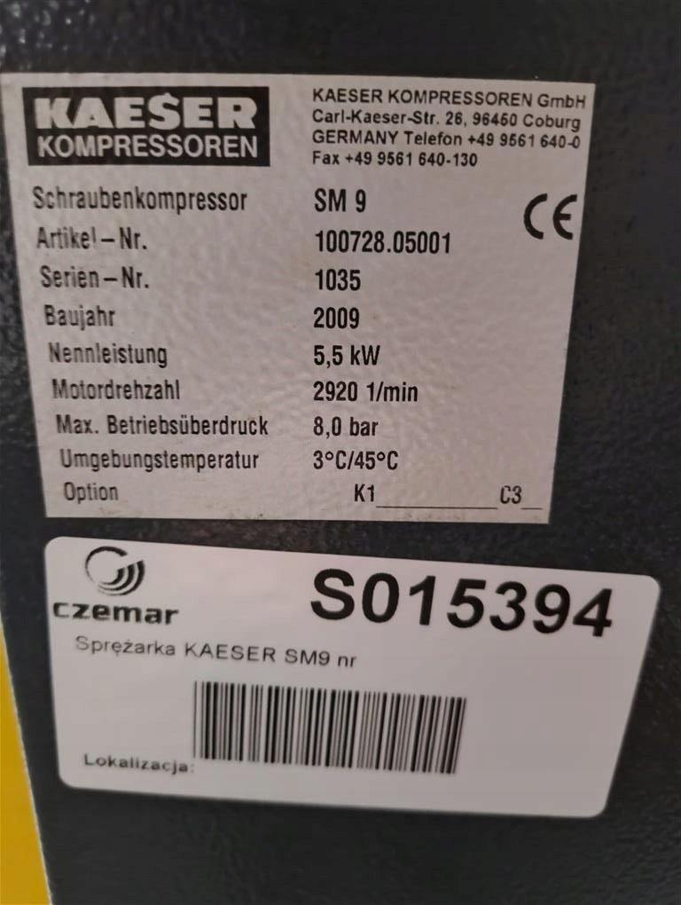 Kompresor Śrubowy KAESER SM9 5,5kW 0,9m3/min 8 bar 2009r - Sklep Czemar