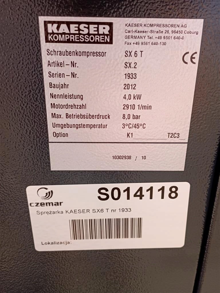 kompresor srubowy kaeser sx6t 4kw 027m3 min 8bar - Sklep Czemar