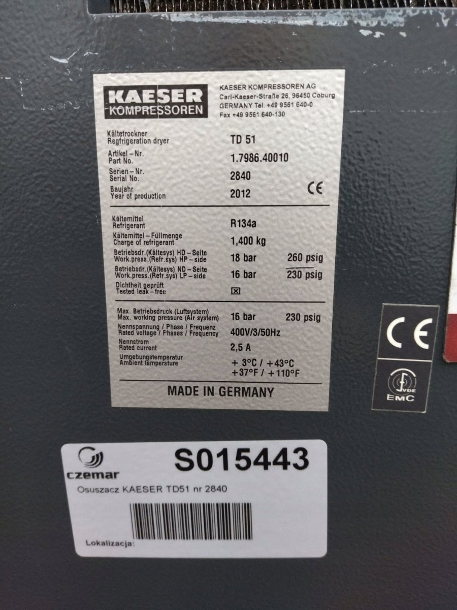 Osuszacz ziębniczy KAESER TD51 5650L/min 16 bar 0,97kW 2012r - Sklep Czemar