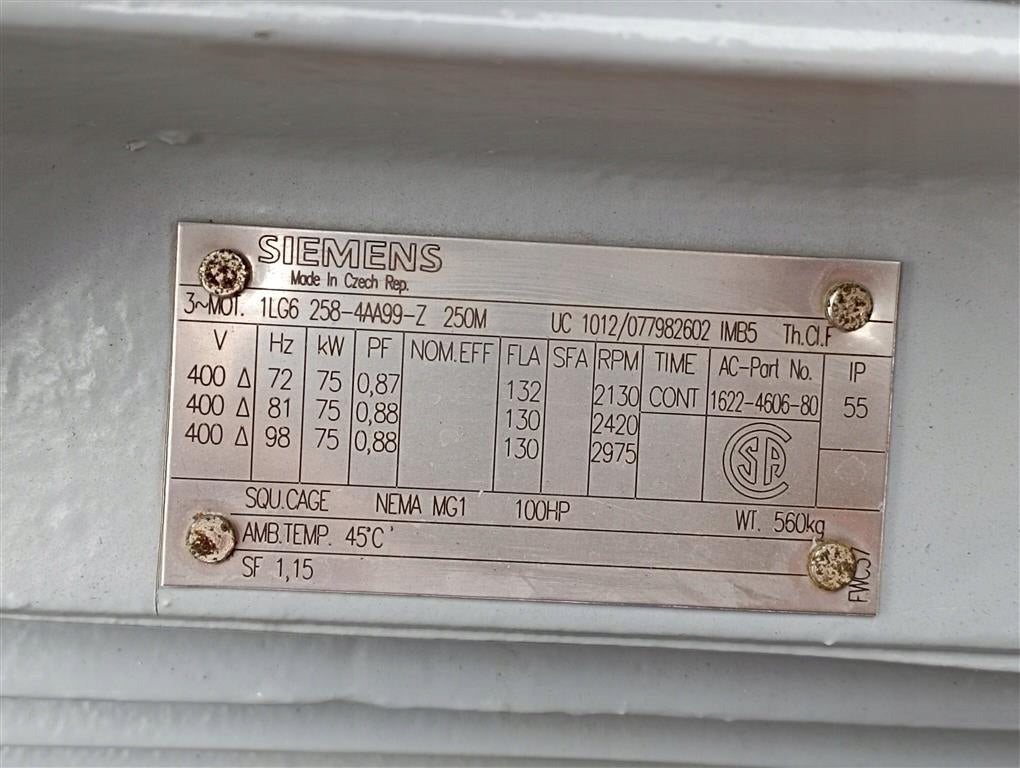 Silnik elektryczny Siemens 75kW 1LG6 258 - 4AA99 - Z 250Mb - sprawny - Sklep Czemar